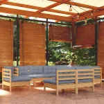 Set mobilier de grădină cu perne gri, 9 piese, lemn masiv pin GartenMobel Dekor