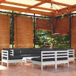 Set mobilier grădină cu perne, 10 piese, alb, lemn masiv pin GartenMobel Dekor