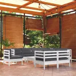 Set mobilier grădină cu perne, 10 piese, alb, lemn masiv pin GartenMobel Dekor