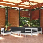 Set mobilier grădină cu perne, 11 piese, alb, lemn masiv pin GartenMobel Dekor