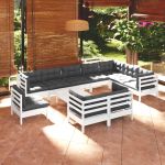 Set mobilier grădină cu perne, 11 piese, alb, lemn masiv pin GartenMobel Dekor