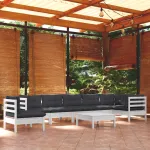 Set mobilier grădină cu perne, 9 piese, alb, lemn masiv pin GartenMobel Dekor
