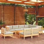 Set mobilier grădină cu perne crem, 10 piese, lemn masiv de pin GartenMobel Dekor