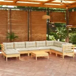 Set mobilier grădină cu perne crem, 9 piese, lemn masiv de pin GartenMobel Dekor