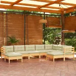 Set mobilier grădină cu perne crem, 9 piese, lemn masiv de pin GartenMobel Dekor
