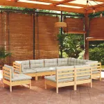Set mobilier grădină cu perne crem, 9 piese, lemn masiv de pin GartenMobel Dekor
