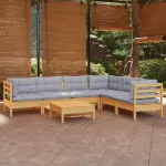 Set mobilier grădină cu perne gri, 7 piese, lemn masiv de pin GartenMobel Dekor