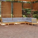 Set mobilier grădină cu perne gri, 7 piese, lemn masiv de pin GartenMobel Dekor