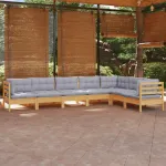Set mobilier grădină cu perne gri, 7 piese, lemn masiv de pin GartenMobel Dekor