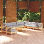 Set mobilier de grădină cu perne, 11 piese, gri, lemn masiv pin GartenMobel Dekor