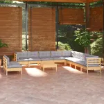 Set mobilier de grădină cu perne, 12 piese, gri, lemn masiv pin GartenMobel Dekor