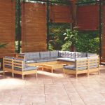 Set mobilier de grădină cu perne, 12 piese, gri, lemn masiv pin GartenMobel Dekor