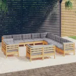 Set mobilier de grădină cu perne, 13 piese gri, lemn masiv pin GartenMobel Dekor