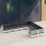 Set mobilier de grădină cu perne, 9 piese, alb, lemn de pin GartenMobel Dekor