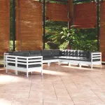 Set mobilier grădină cu perne, 10 piese, alb, lemn masiv de pin GartenMobel Dekor