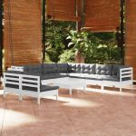 Set mobilier grădină cu perne, 10 piese, alb, lemn masiv pin GartenMobel Dekor