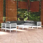 Set mobilier grădină cu perne, 10 piese, alb, lemn masiv pin GartenMobel Dekor