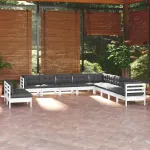 Set mobilier grădină cu perne, 11 piese, alb, lemn masiv pin GartenMobel Dekor