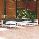 Set mobilier grădină cu perne, 11 piese, alb, lemn masiv pin GartenMobel Dekor