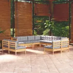 Set mobilier grădină cu perne, 11 piese, gri, lemn masiv pin GartenMobel Dekor