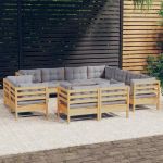 Set mobilier grădină cu perne, 11 piese, gri, lemn masiv pin GartenMobel Dekor