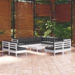 Set mobilier grădină cu perne, 12 piese, alb, lemn masiv pin GartenMobel Dekor