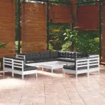 Set mobilier grădină cu perne, 12 piese, alb, lemn masiv pin GartenMobel Dekor