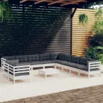 Set mobilier grădină cu perne, 12 piese, alb, lemn masiv pin GartenMobel Dekor