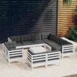 Set mobilier grădină cu perne, 12 piese, alb, lemn masiv pin GartenMobel Dekor