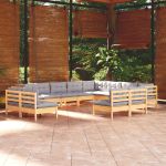 Set mobilier grădină cu perne, 12 piese, gri, lemn masiv pin GartenMobel Dekor