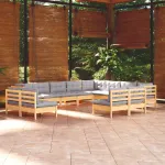 Set mobilier grădină cu perne, 12 piese, gri, lemn masiv pin GartenMobel Dekor