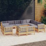 Set mobilier grădină cu perne, 12 piese, gri, lemn masiv pin GartenMobel Dekor