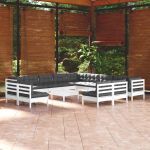 Set mobilier grădină cu perne, 14 piese, alb, lemn masiv pin GartenMobel Dekor