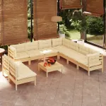 Set mobilier grădină cu perne crem, 10 piese, lemn masiv de pin GartenMobel Dekor