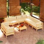 Set mobilier grădină cu perne crem, 10 piese, lemn masiv de pin GartenMobel Dekor