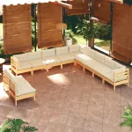 Set mobilier grădină cu perne crem, 11 piese, lemn masiv de pin GartenMobel Dekor