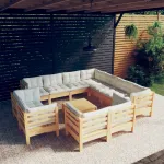 Set mobilier grădină cu perne crem, 12 piese, lemn masiv de pin GartenMobel Dekor