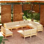 Set mobilier grădină cu perne crem, 12 piese, lemn masiv de pin GartenMobel Dekor