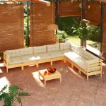 Set mobilier grădină cu perne crem, 9 piese, lemn masiv de pin GartenMobel Dekor