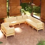 Set mobilier grădină cu perne crem, 9 piese, lemn masiv de pin GartenMobel Dekor