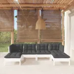 Set mobilier de grădină cu perne, 6 piese, alb, lemn de pin GartenMobel Dekor
