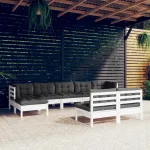 Set mobilier de grădină cu perne, 9 piese, alb, lemn de pin GartenMobel Dekor
