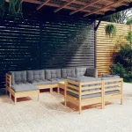 Set mobilier grădină cu perne, 10 piese, gri, lemn masiv pin GartenMobel Dekor