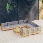 Set mobilier grădină cu perne, 11 piese, gri, lemn de pin GartenMobel Dekor