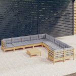 Set mobilier grădină cu perne, 11 piese, gri, lemn de pin GartenMobel Dekor