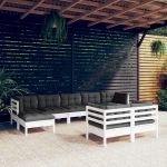 Set mobilier grădină cu perne, 9 piese, alb, lemn masiv pin GartenMobel Dekor