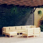 Set mobilier grădină cu perne, 9 piese, crem, lemn de pin GartenMobel Dekor