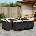 Set mobilier de exterior cu perne, 11 piese, negru, poliratan GartenMobel Dekor