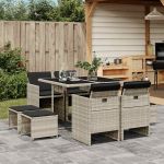 Set mobilier grădină cu perne, 9 piese, gri deschis, poliratan GartenMobel Dekor