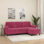 Canapea cu 3 locuri și taburet, roșu vin, 180 cm, catifea GartenMobel Dekor